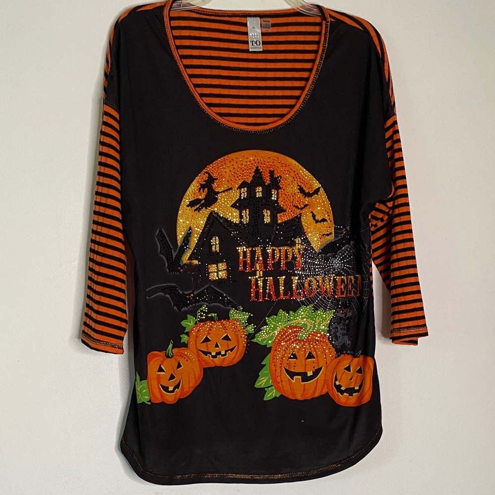 0434 Thomas  Olivia graphic Halloween, witch, pumpkin bat orange black shirt XL